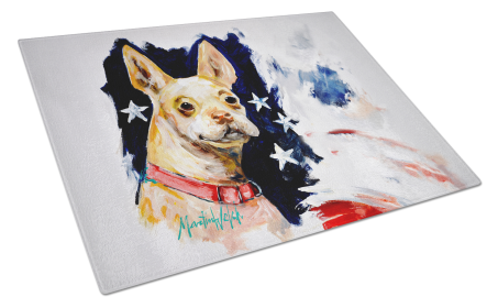 Martin Welch New Artwork Glass Cutting Board (Dog Breed: Chevy Boston Terrier, size: large)