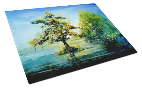 Martin Welch New Artwork Glass Cutting Board (Dog Breed: Cypress Tree in the Bayou Blue, size: large)