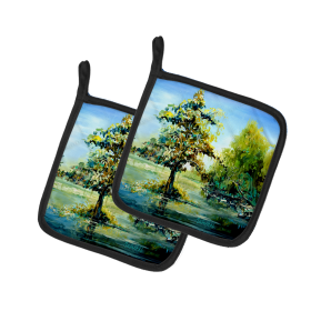 Martin Welch New Artwork Pair of Pot Holders (Design: Cypress Tree in the Bayou Blue, size: 7.5HX7.5W)