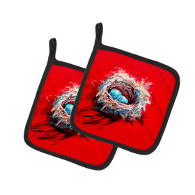 Martin Welch New Artwork Pair of Pot Holders (Design: Egg-Stra Special Bird Nest, size: 7.5HX7.5W)