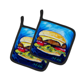 Martin Welch New Artwork Pair of Pot Holders (Design: I Want Mine Dressed Hamburger, size: 7.5HX7.5W)