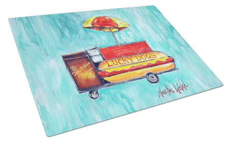 Martin Welch New Artwork Glass Cutting Board (Dog Breed: Hot Dog Cart, size: large)
