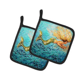 Martin Welch New Artwork Pair of Pot Holders (Design: Mermaid After Your Heart, size: 7.5HX7.5W)
