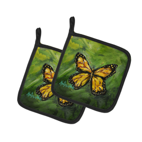 Martin Welch New Artwork Pair of Pot Holders (Design: Monarch Glover Fly Butterfly, size: 7.5HX7.5W)