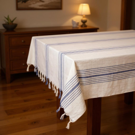 71" x 95" Cream And Blue Striped Cotton Tablecloth And Napkins Set (Option: S000221B001076P104434V000)