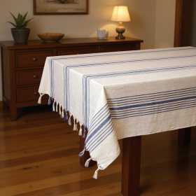 71" x 95" Cream And Blue Striped Cotton Tablecloth And Napkins Set (Option: 521295)