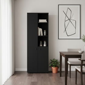 Wood Two Door Pantry Or Storage Closet (Color: Black, size: 67")