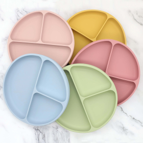Baby Silicone Round Sucker Compartment Dinner Plate With Spoon Fork Sets (Color: Light Pink, size: Average Size (0-8Y))