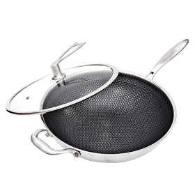 Stainless Steel TriPly Frying Cooking Fry Pan Textu Non Stick Skillet with Glass Lid and Helper Handle (Option: FryPanTRIFPYZ34)