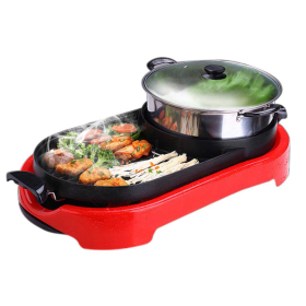 in  BBQ Electric Pan Grill Teppanyaki Stainless Steel Hot Pot Steamboat (Option: SteamboatHotPotandGrillRed)