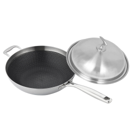Stainless Steel Fry Pan  Frying Pan Top Grade Textu Non Stick Interior Skillet with Helper Handle and Lid (Option: TRIFPS34, size: 18/10)