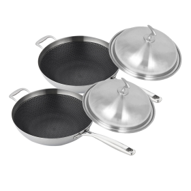 Stainless Steel Fry Pan  Frying Pan Top Grade Textu Non Stick Interior Skillet with Helper Handle and Lid (Option: TRIFPS34X2, size: 2X 18/10)