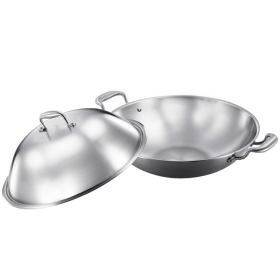 Ply  Stainless Steel Double Handle Wok Frying Fry Pan Skillet with Lid (Option: WokTRIFPG38)