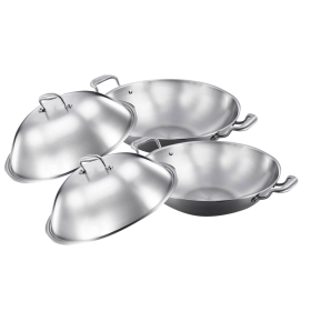 Stainless Steel Double Handle Wok Frying Fry Pan Skillet with Lid (Option: WokTRIFPG42X2, size: 2X 3-Ply 42cm)