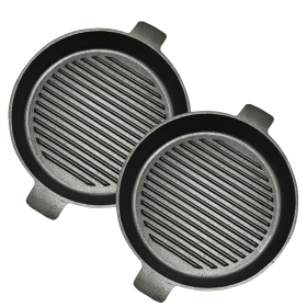 Round Ribbed Cast Iron Frying Pan Skillet Steak Sizzle Platter with Handle (Option: ZPai001AX2, size: 2X 25cm)