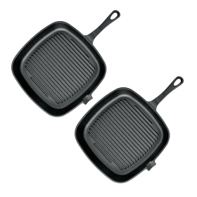 Square Ribbed Cast Iron Frying Pan Skillet Steak Sizzle Platter with Handle (Option: ZPai006X2, size: 2X 23.5cm)