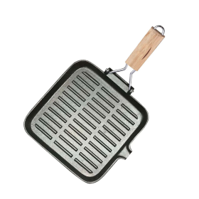 Ribbed Cast Iron Square Steak Frying Grill Skillet Pan with Folding Wooden Handle (Option: ZPai010, size: 28cm)