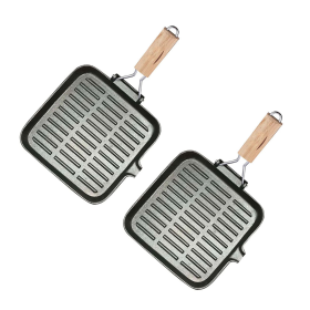 Ribbed Cast Iron Square Steak Frying Grill Skillet Pan with Folding Wooden Handle (Option: ZPai010X2, size: 2X 28cm)