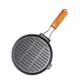 Round Ribbed Cast Iron Steak Frying Grill Skillet Pan with Folding Wooden Handle (Option: ZPai026, size: 24cm)