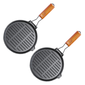 Round Ribbed Cast Iron Steak Frying Grill Skillet Pan with Folding Wooden Handle (Option: ZPai026X2, size: 2X 24cm)