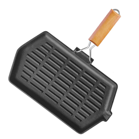 Rectangular Cast Iron Griddle Grill Frying Pan with Folding Wooden Handle (Option: ZPai047)