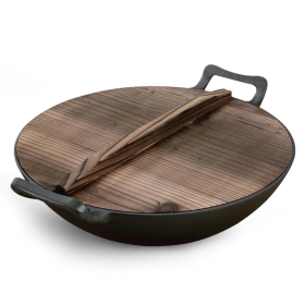 Commercial Cast Iron Wok FryPan with Wooden Lid Fry Pan (Option: ZPaiB1, size: 36CM)