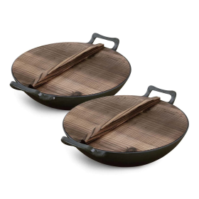 Commercial Cast Iron Wok FryPan with Wooden Lid Fry Pan (Option: ZPaiB1X2, size: 2X 36CM)