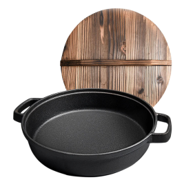 Round Cast Iron Preseasoned Deep Baking Pizza Frying Pan Skillet with Wooden Lid (Option: ZPaiC1, size: 29cm)