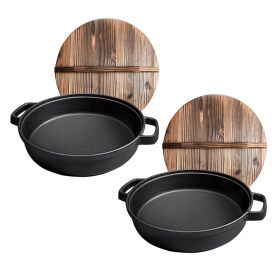 Round Cast Iron Preseasoned Deep Baking Pizza Frying Pan Skillet with Wooden Lid (Option: ZPaiC3X2, size: 2X 33cm)