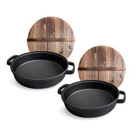 Round Cast Iron Preseasoned Deep Baking Pizza Frying Pan Skillet with Wooden Lid (Option: ZPaiC4X2, size: 2X 35cm)