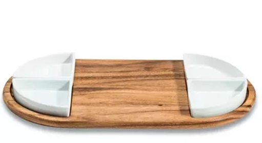 Charcuterie Serving Tray with Ceramic Bowls (Bowl Option: 4 White Triangular Ceramic Bowls)